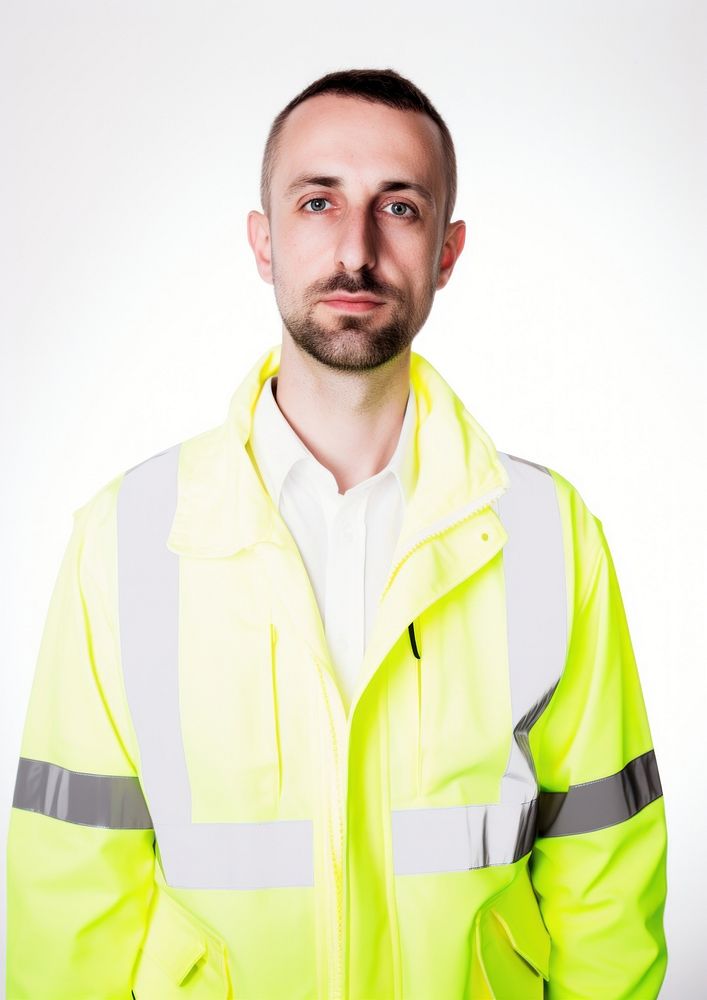 White man wearing white engineer fluorescent jacket uniform portrait adult white background.