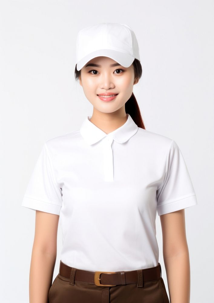 Asian woman wearing blank white fast food uniform portrait sleeve blouse.