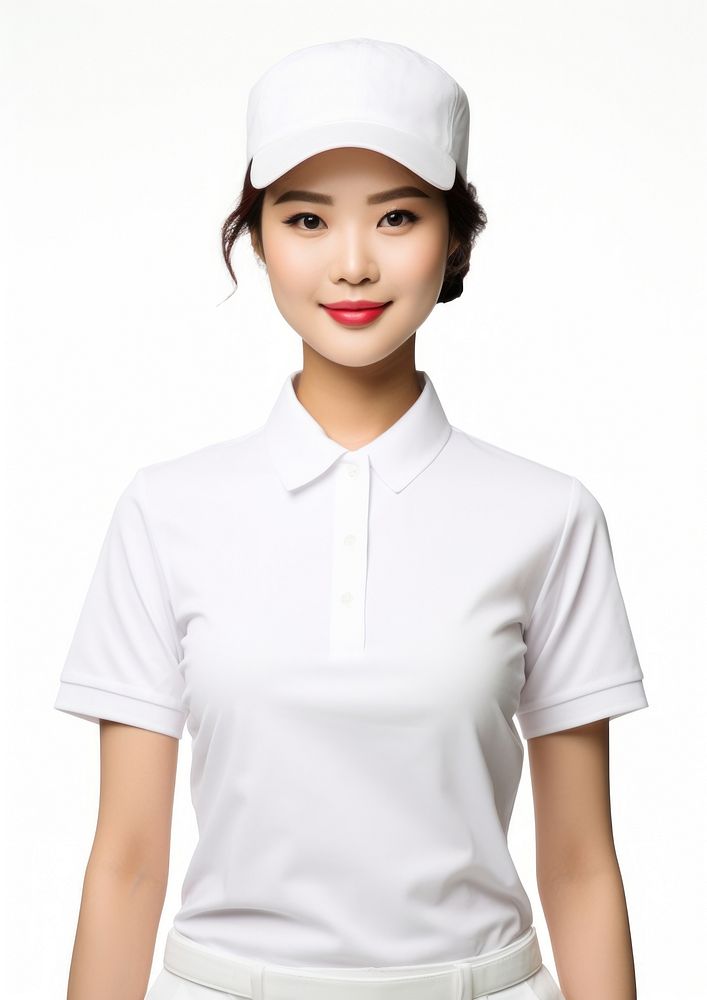 Asian woman wearing blank white fast food uniform portrait t-shirt sleeve.