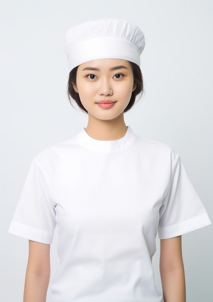 Asian woman wearing blank white fast food uniform portrait t-shirt white background.