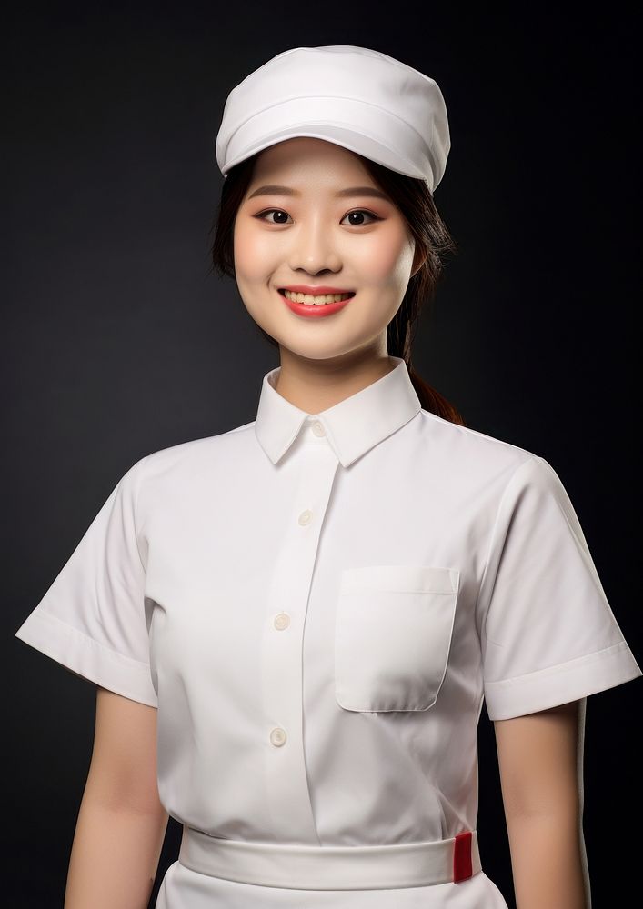Asian woman wearing blank white fast food uniform portrait adult protection.