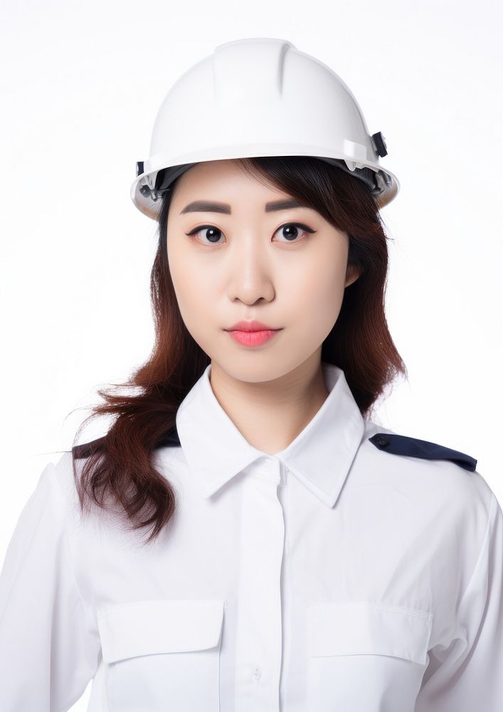 Asian woman wearing white engineer uniform portrait hardhat helmet.