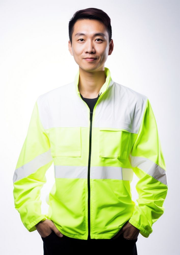 Asian man wearing white engineer fluorescent jacket uniform portrait adult white background.
