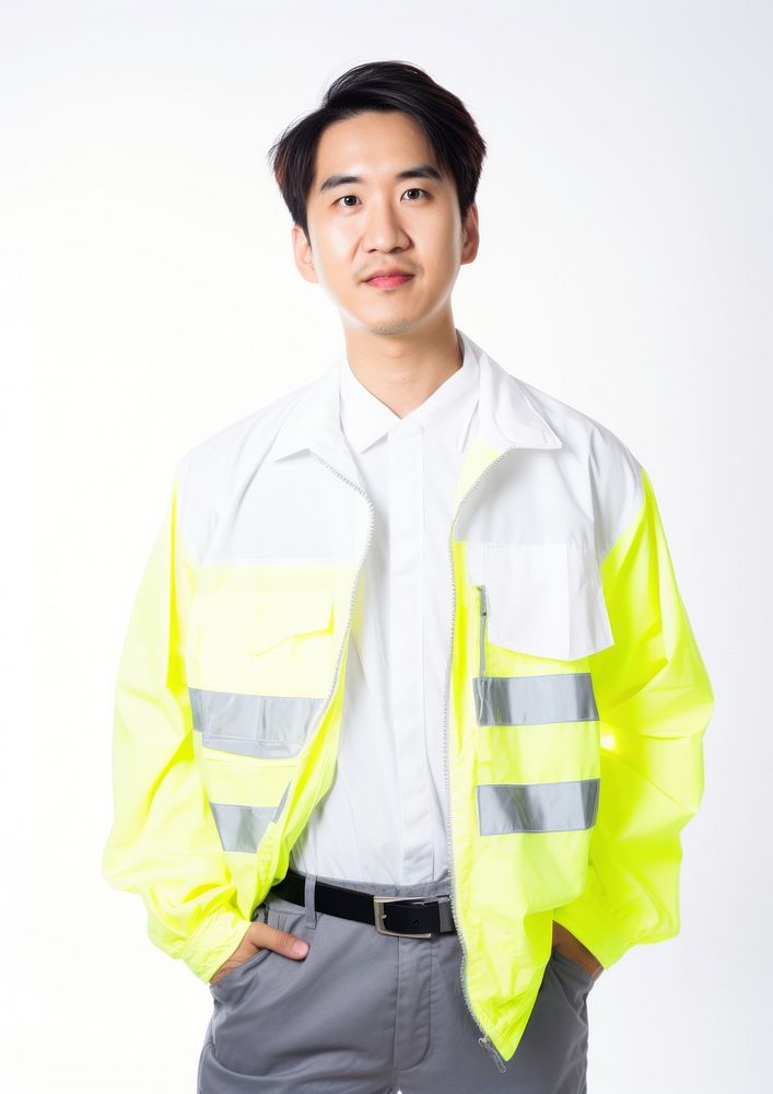 Asian man wearing white engineer fluorescent jacket uniform portrait hardhat helmet.