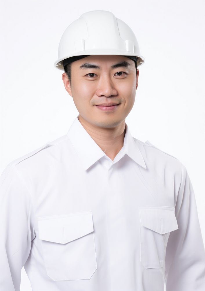 Asian man wearing white engineer uniform portrait hardhat helmet.