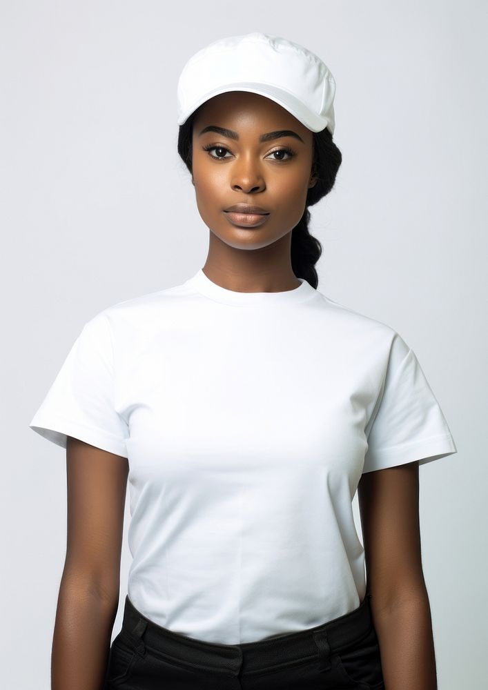 Black woman wearing blank white fast food uniform portrait t-shirt sleeve.
