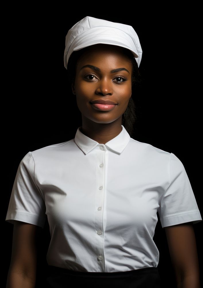 Black woman wearing blank white fast food uniform portrait photo photography.
