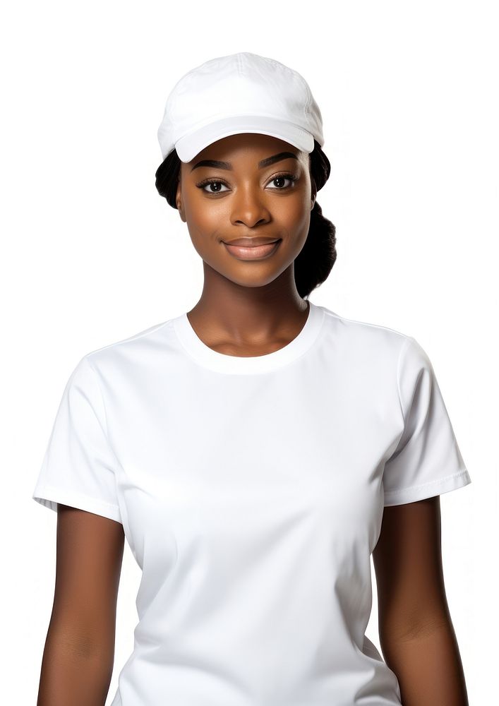 Black woman wearing blank white fast food uniform portrait t-shirt white background.