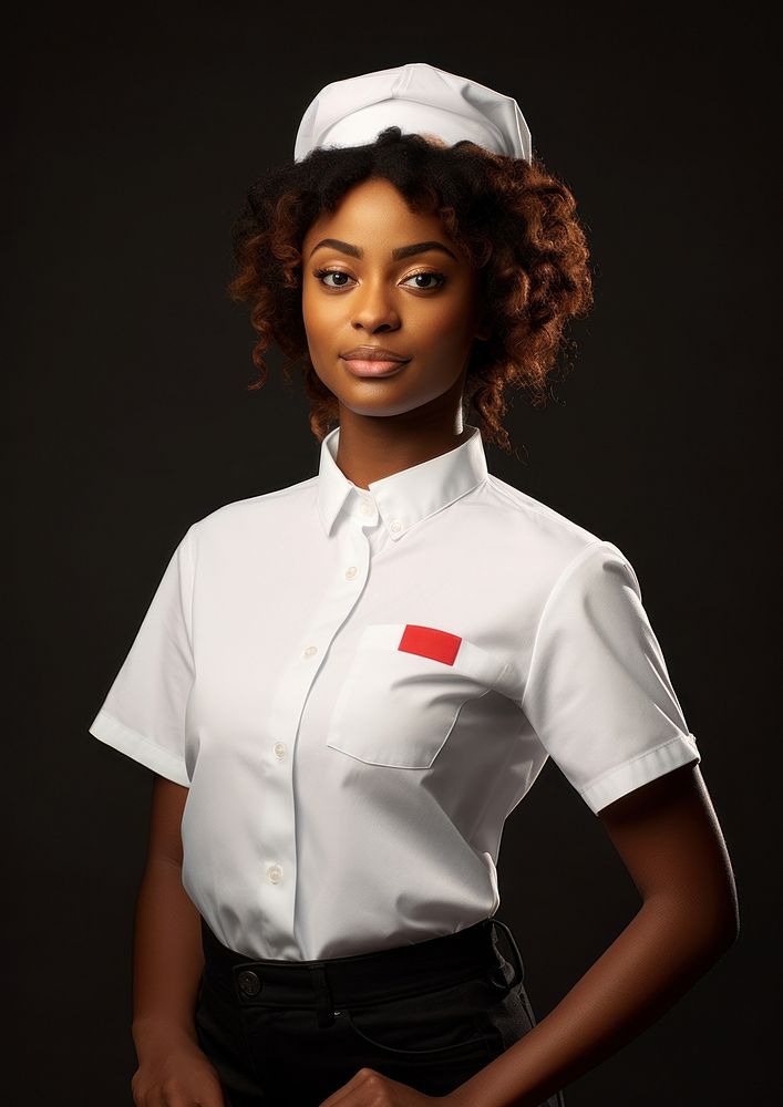 Black woman wearing blank white fast food uniform portrait photo photography.