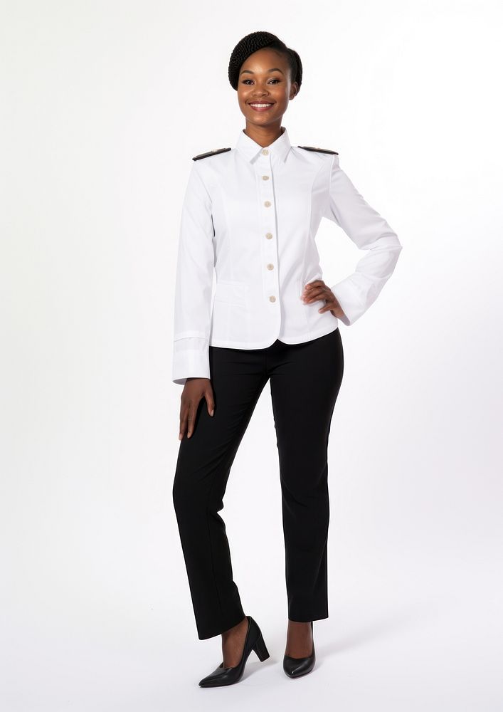 Black woman wearing white cabin crew uniform portrait adult coat.
