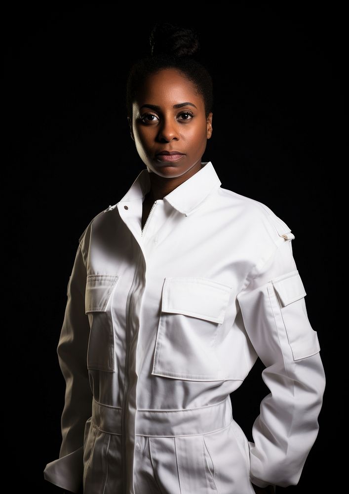 Black woman wearing white engineer fluorescent jacket uniform portrait adult photo.