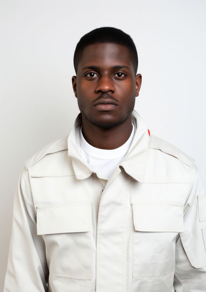 Black man wearing white engineer fluorescent jacket uniform portrait shirt adult.