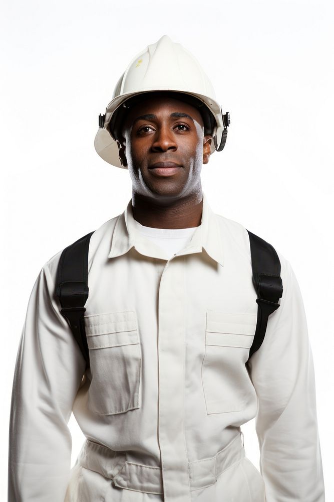 Black man wearing white fireman uniform portrait helmet adult.