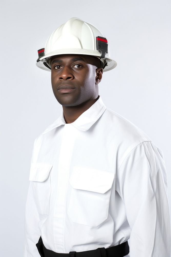 Black man wearing white fireman uniform portrait hardhat helmet.