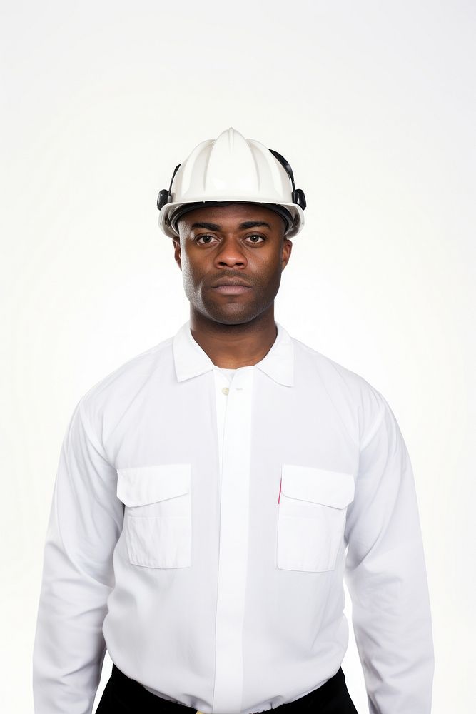 Black man wearing white fireman uniform portrait hardhat helmet.