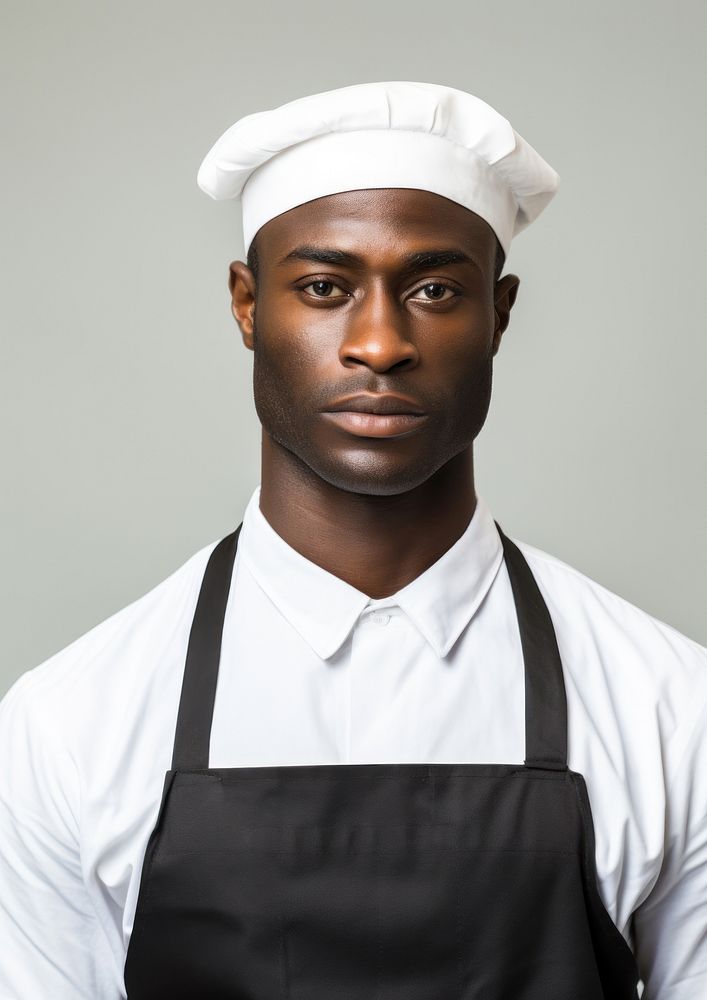 Black men wearing white chef uniform portrait adult headshot.