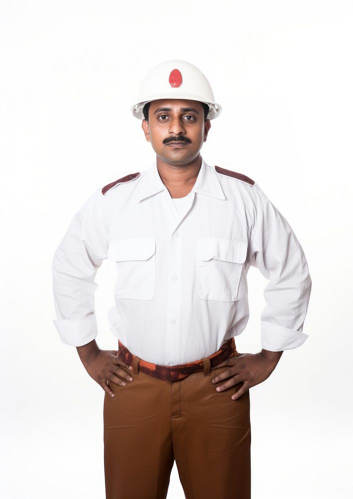 Indian man wearing white fireman uniform portrait helmet adult.