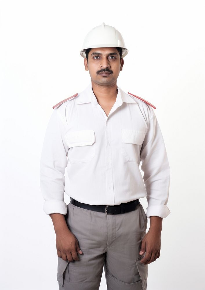 Indian man wearing white fireman uniform portrait hardhat helmet.