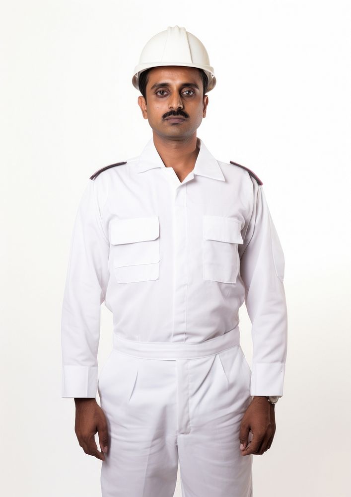 Indian man wearing white fireman uniform portrait adult white background.