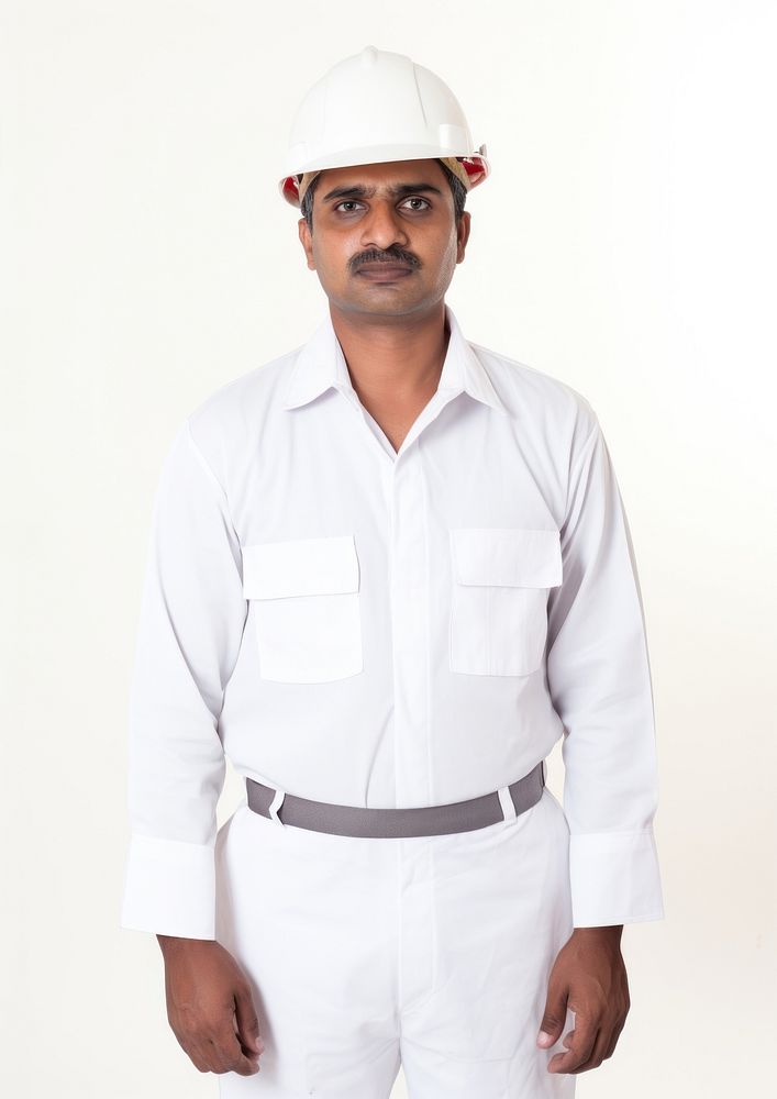 Indian man wearing white fireman uniform portrait hardhat helmet.