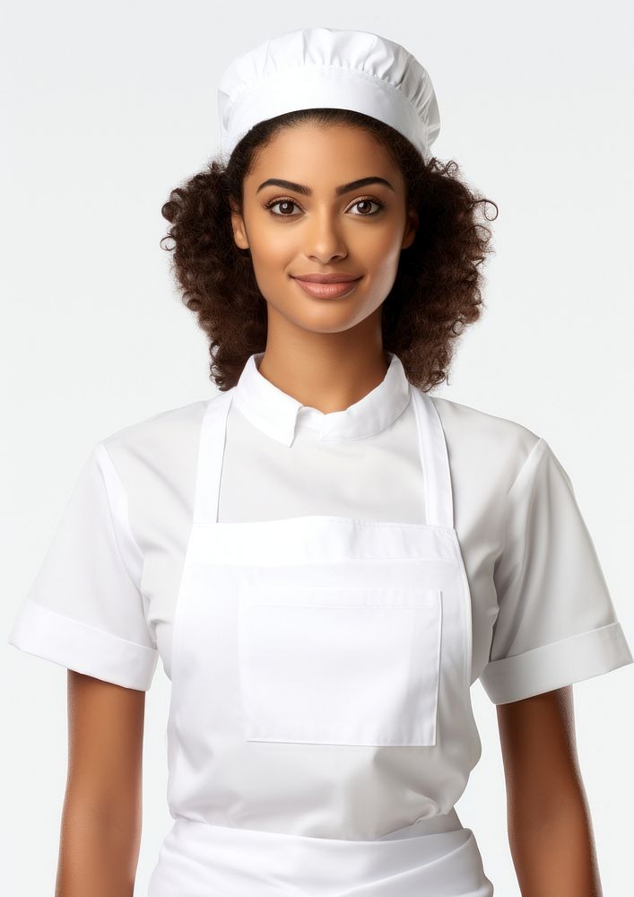 Latin woman wearing blank white fast food uniform portrait adult white background.