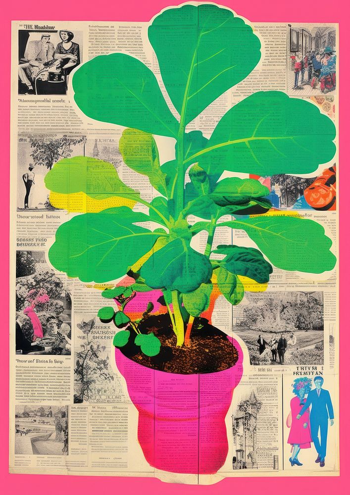 Potted plant newspaper collage art.