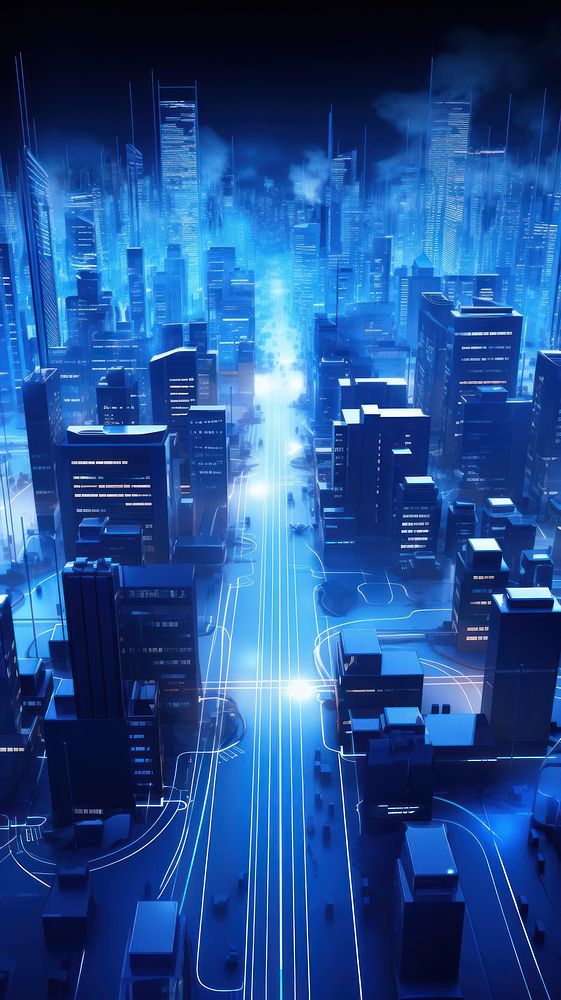  City night lights in blue architecture backgrounds metropolis. AI generated Image by rawpixel.