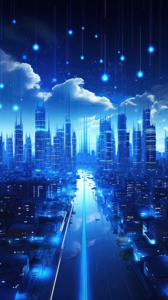  City night lights in blue architecture metropolis cityscape. AI generated Image by rawpixel.