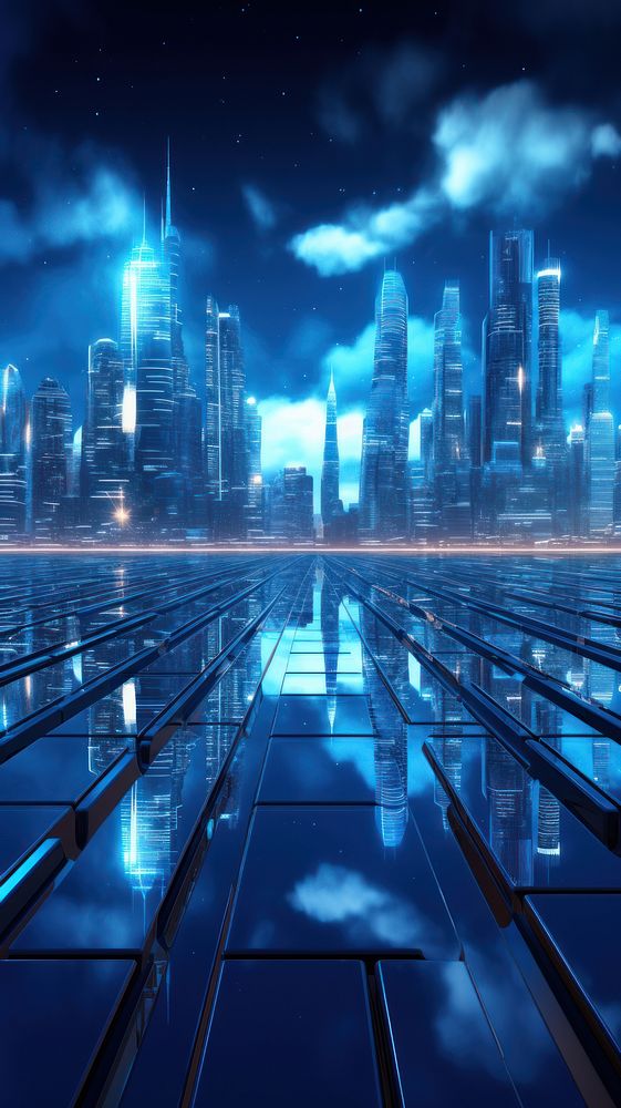  City night lights in blue architecture skyscraper cityscape. AI generated Image by rawpixel.