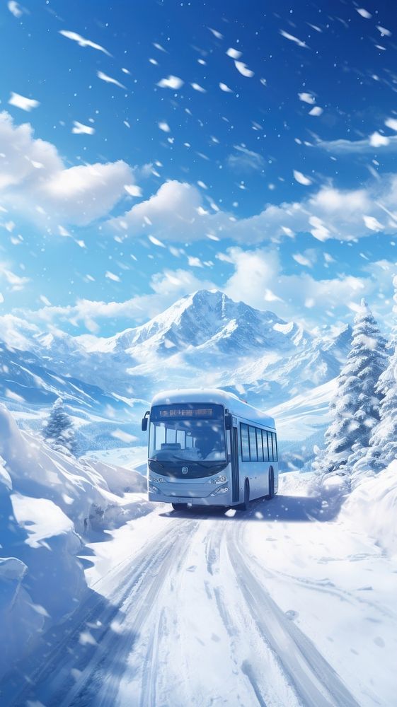  Travel bus driving through high level snow landscape outdoors vehicle. AI generated Image by rawpixel.