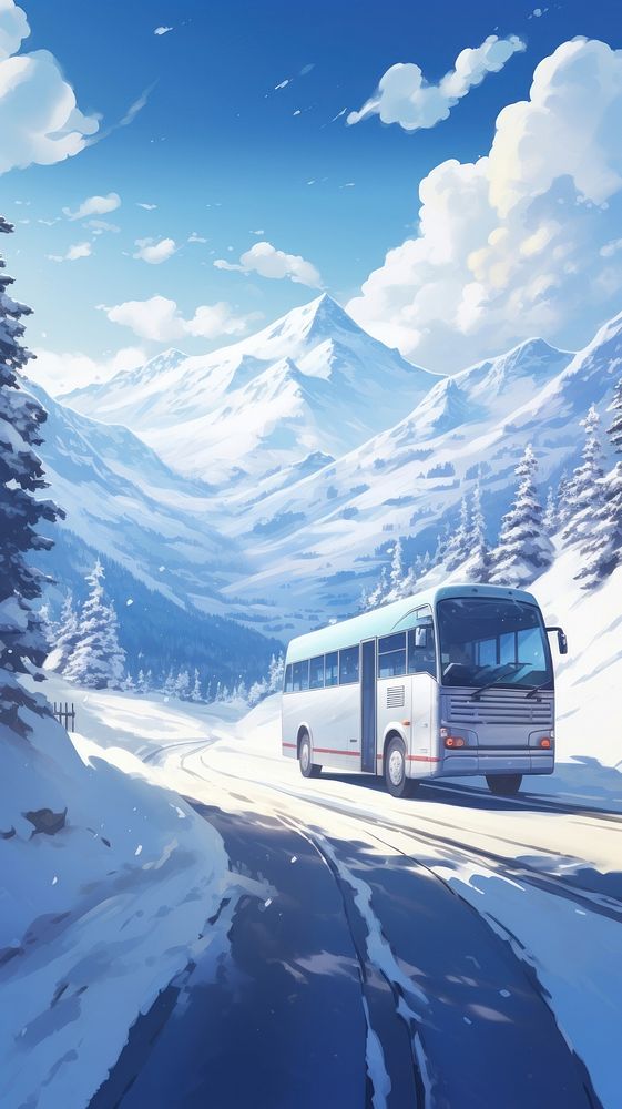  Travel bus driving through high level snow outdoors vehicle scenery. 