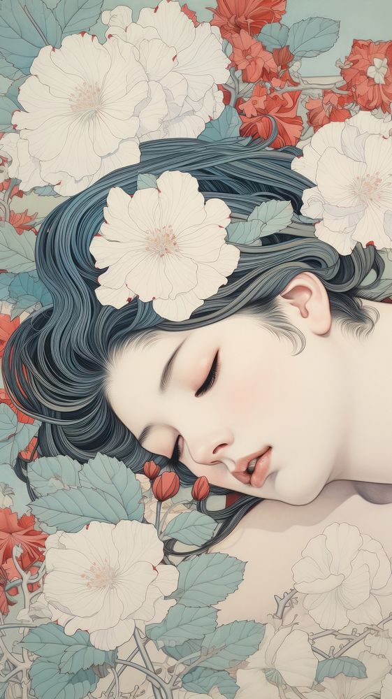 Traditional japanese wood block print illustration of white primrose over ear flower sleeping portrait.