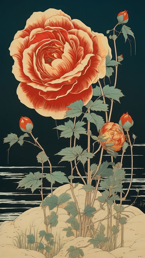 Traditional japanese wood block print illustration of red rose over ear flower painting pattern.