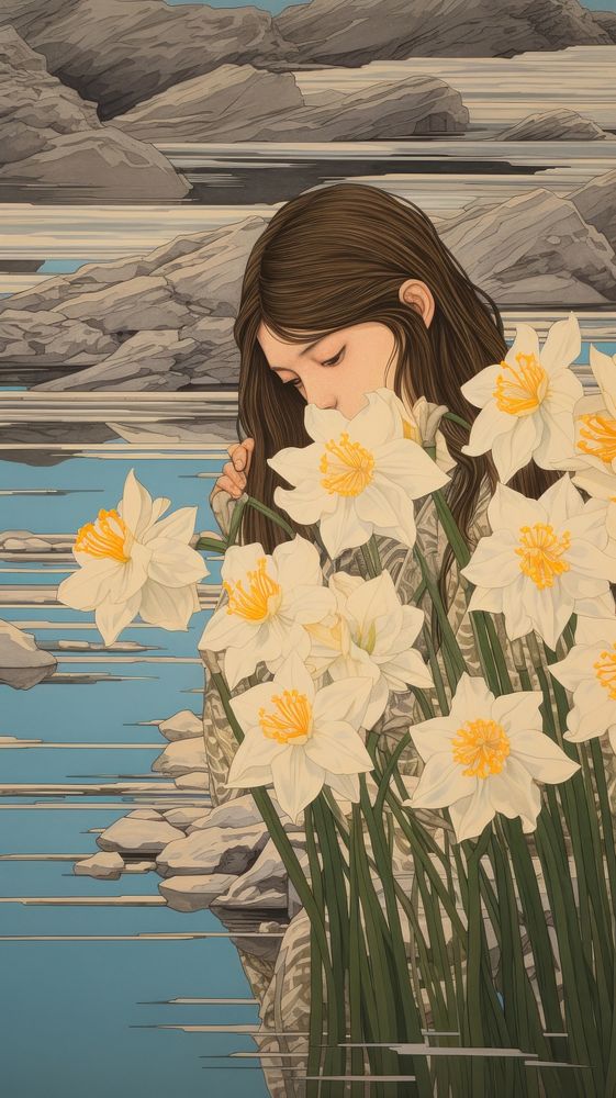 Traditional japanese wood block print illustration of woman with narcissus flower daffodil portrait.