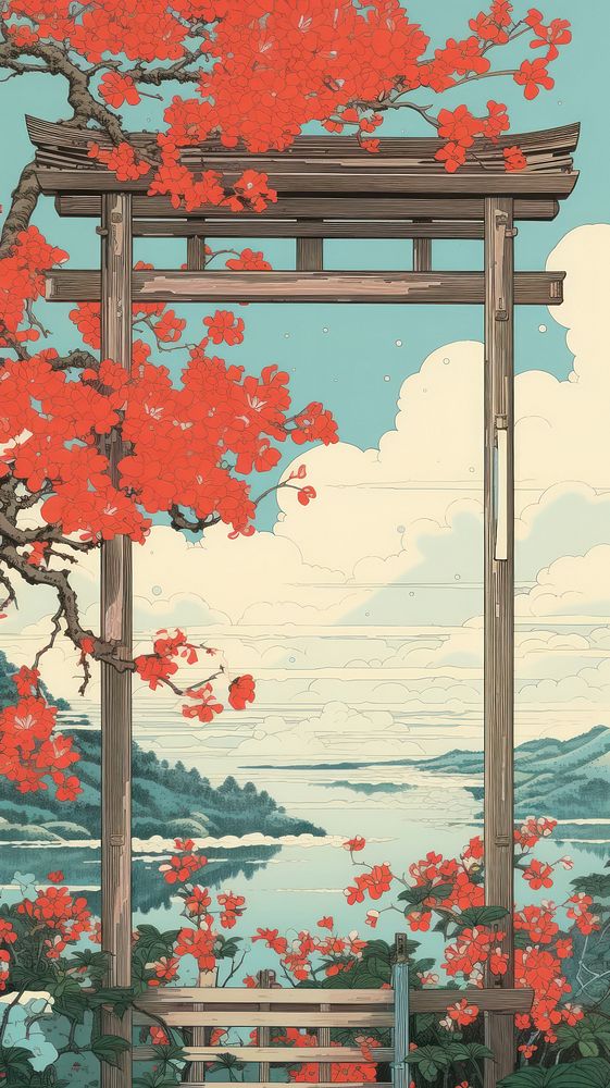 Traditional japanese wood block print illustration of torii with flower againts bright sky outdoors nature plant.