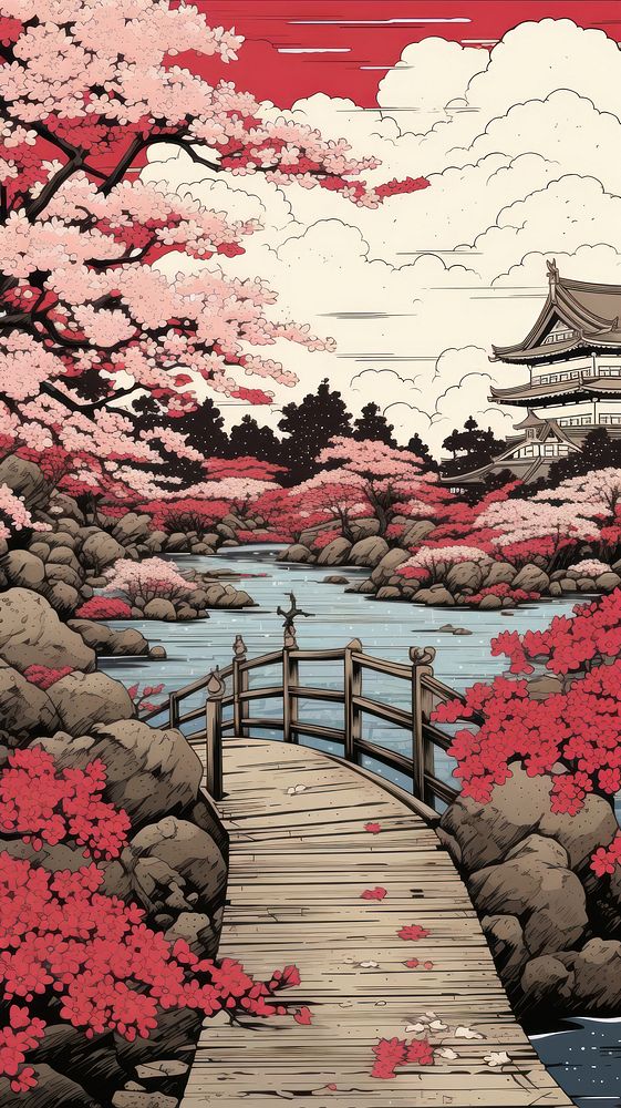 Traditional japanese wood block print illustration of a bridge with blossom spring flowers outdoors nature plant.