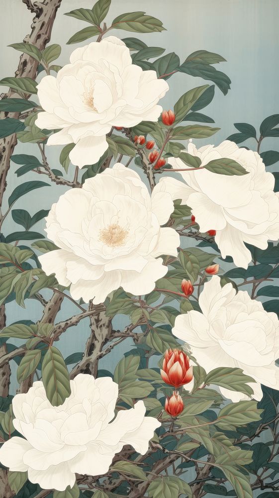 Traditional japanese wood block print illustration of white roses flower blossom pattern.