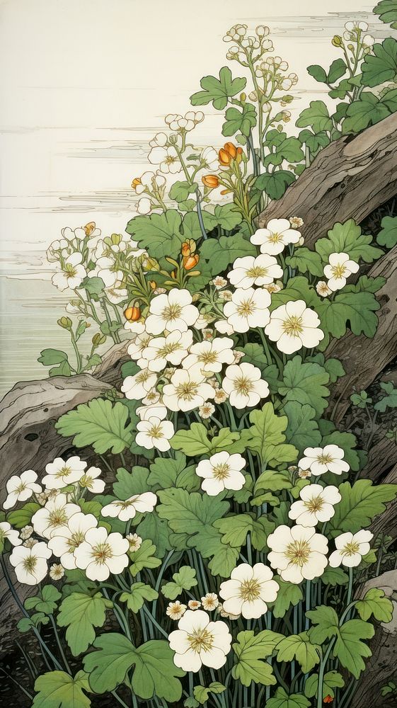 Traditional japanese wood block print illustration of primroses againts grass on ground in flat lay view flower plant leaf.