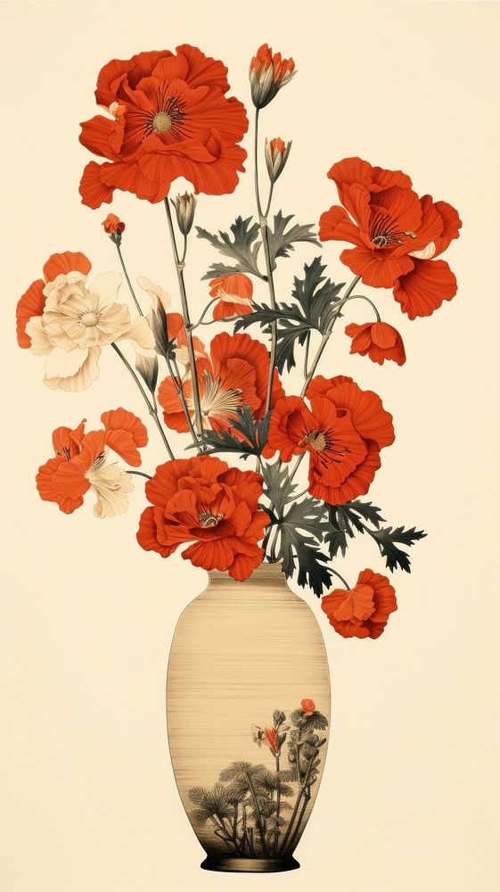 Traditional japanese wood block print illustration of flower vase painting plant art.