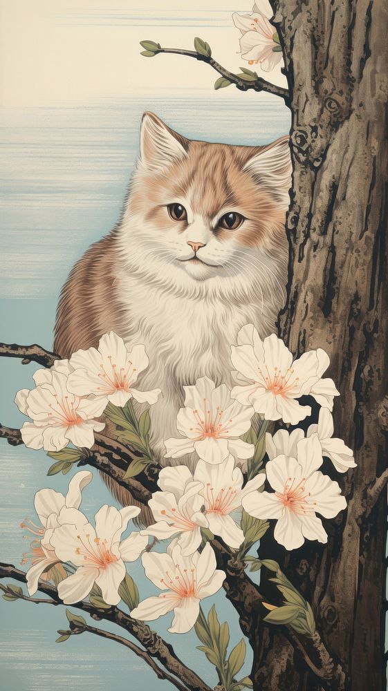 Traditional japanese wood block print illustration of a kitten with sakura flower painting animal.