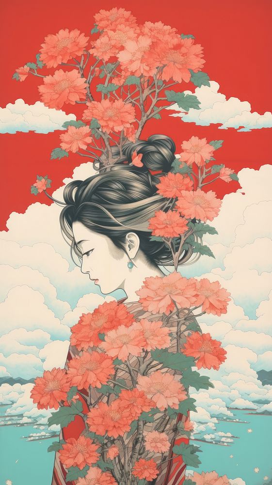 Traditional japanese wood block print illustration of red torii with white flower againts bright sky painting plant art.