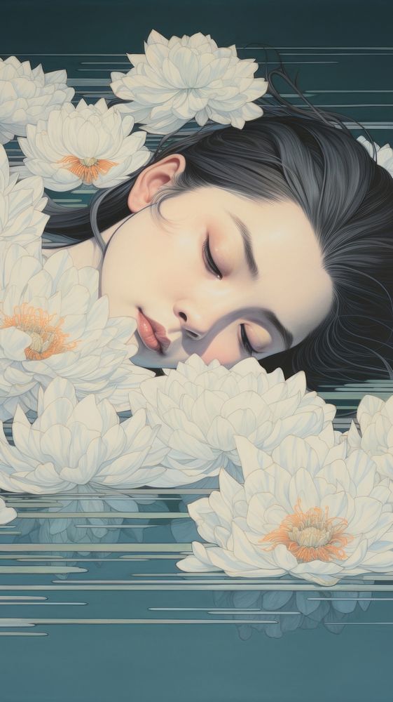 Traditional japanese wood block print illustration of white wildflower floating on lake portrait sleeping painting.