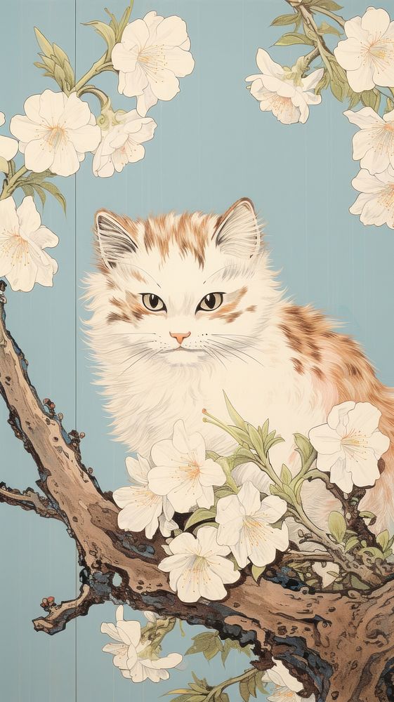 Traditional japanese wood block print illustration of a kitten with sakura flower animal mammal.