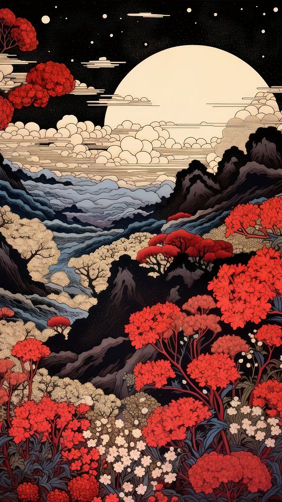 Traditional japanese wood block print illustration of heaven flowers garden landscape outdoors nature art.