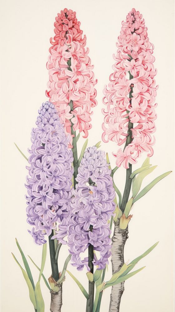Traditional japanese wood block print illustration of hyacinth flower blossom plant.