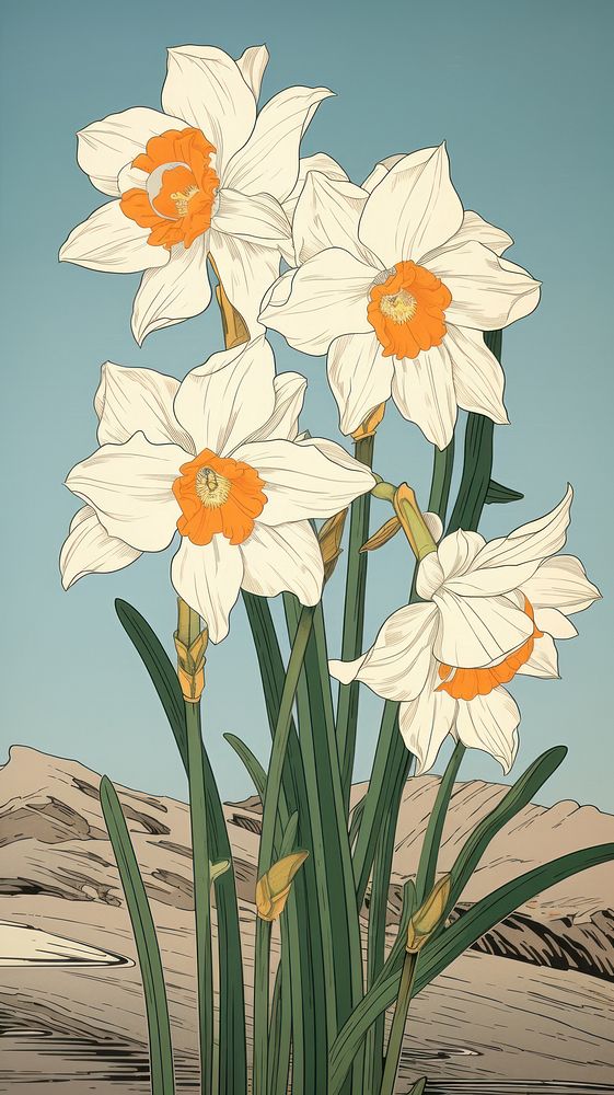 Traditional japanese wood block print illustration of narcissus flower daffodil blossom.