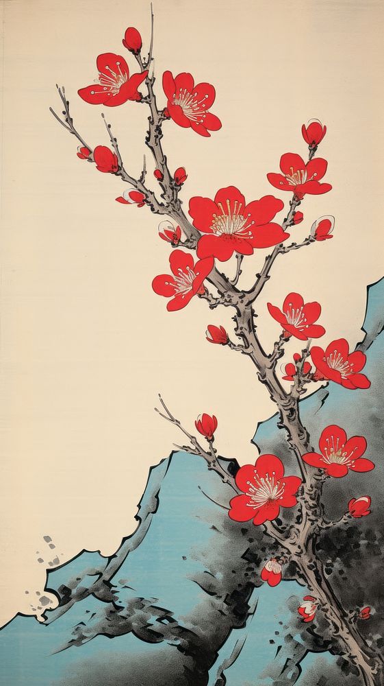 Traditional japanese wood block print illustration of a blossom flower on ground in winter painting plant art.