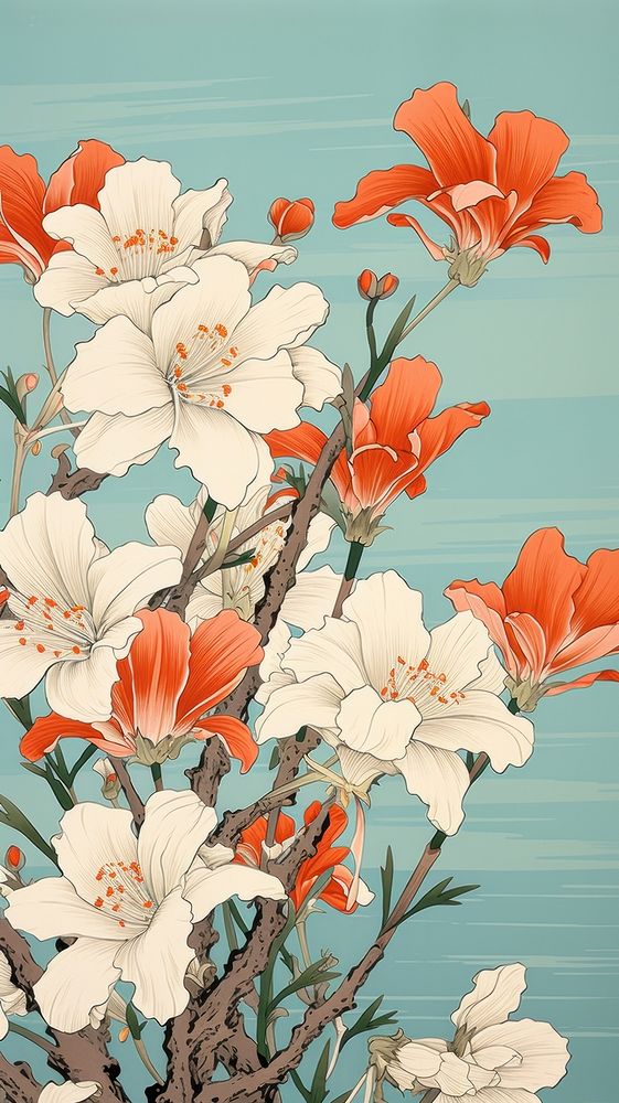 Traditional japanese wood block print illustration of spring flowers blossom pattern plant.