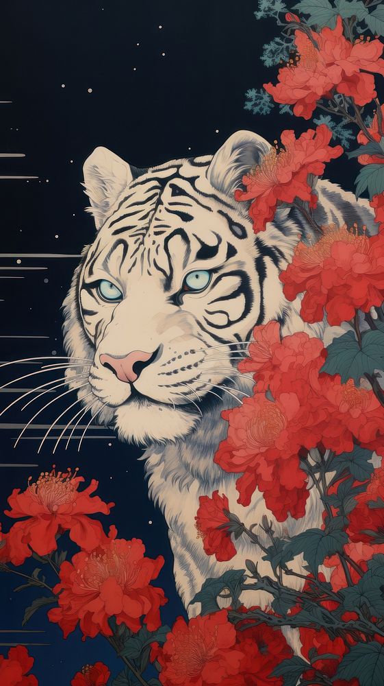 Traditional japanese wood block print illustration of tiger with red spider lily againts night sky painting pattern animal.