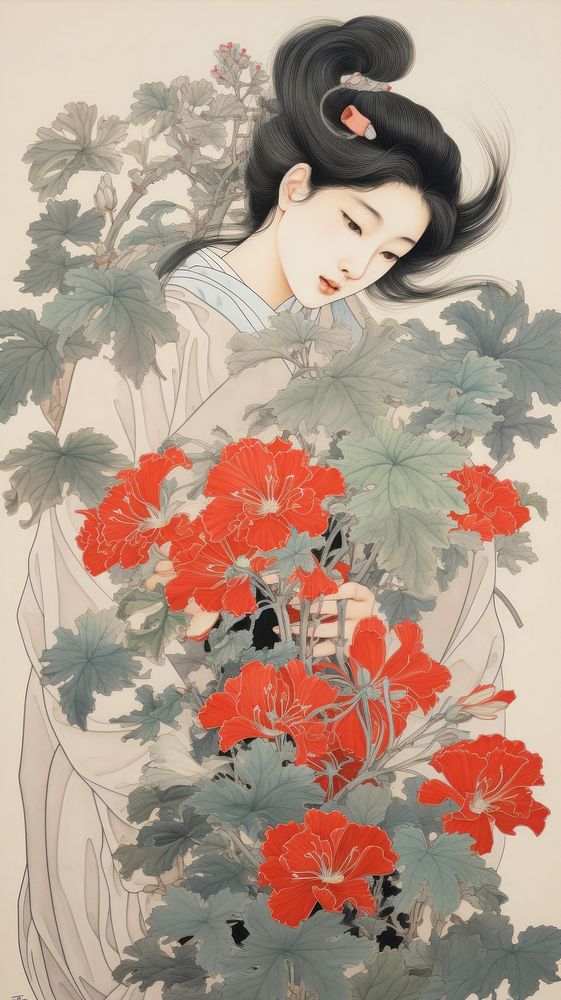 Traditional japanese wood block print illustration of woman holding flower bouquet painting drawing sketch.